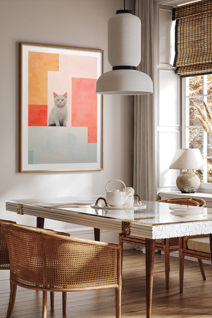 Contemporary abstract cat poster in a stylish interior design setting with natural lighting