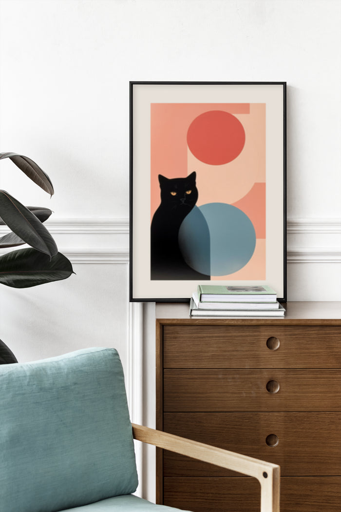 Contemporary abstract poster featuring a black cat against geometric shapes