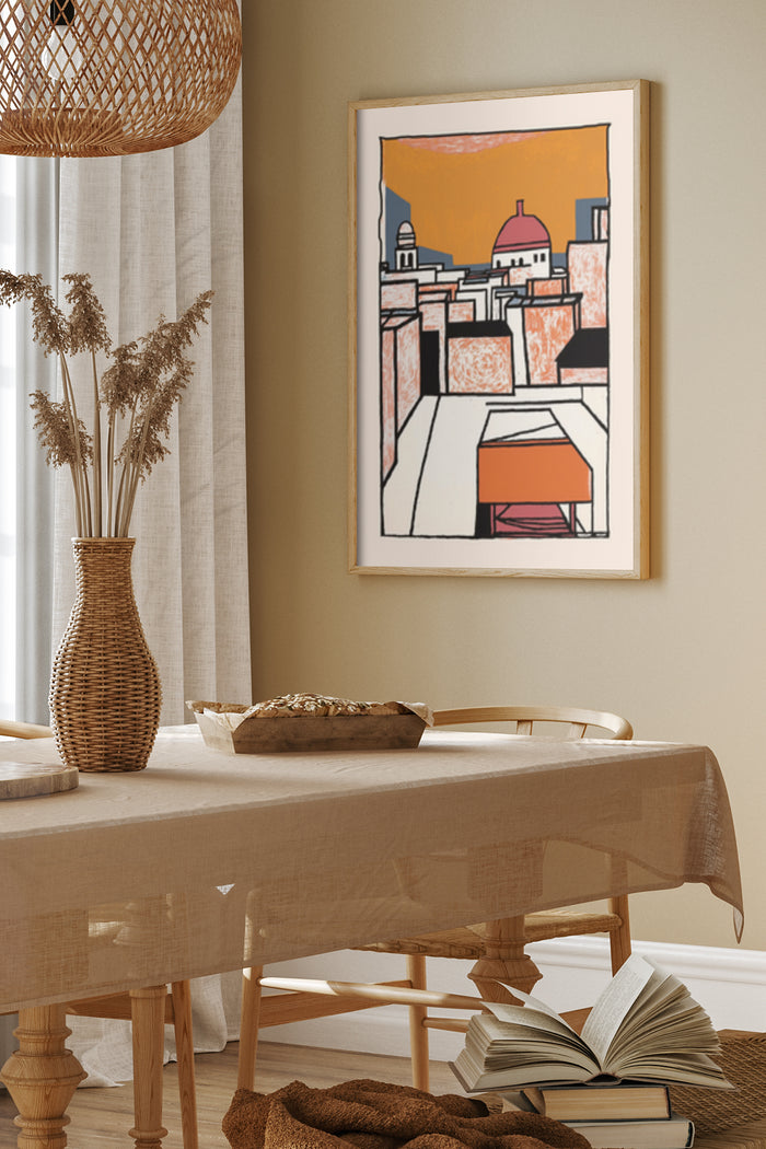 Abstract cityscape artwork with warm colors displayed in a contemporary dining room