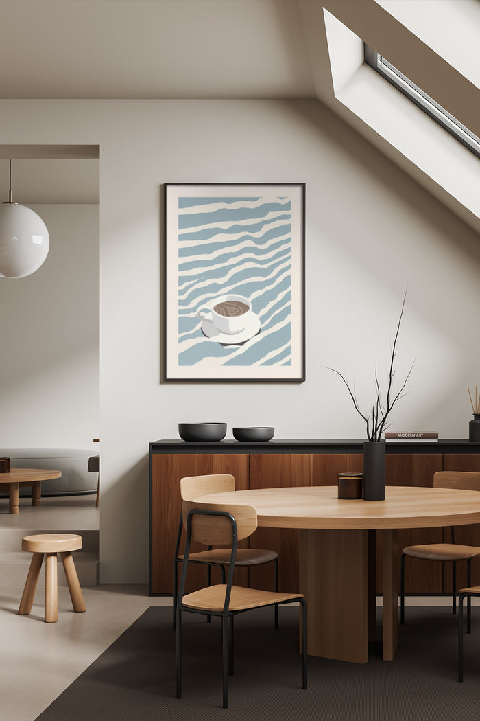 Abstract poster of a stylized coffee cup with blue wave patterns hanging in a contemporary dining room