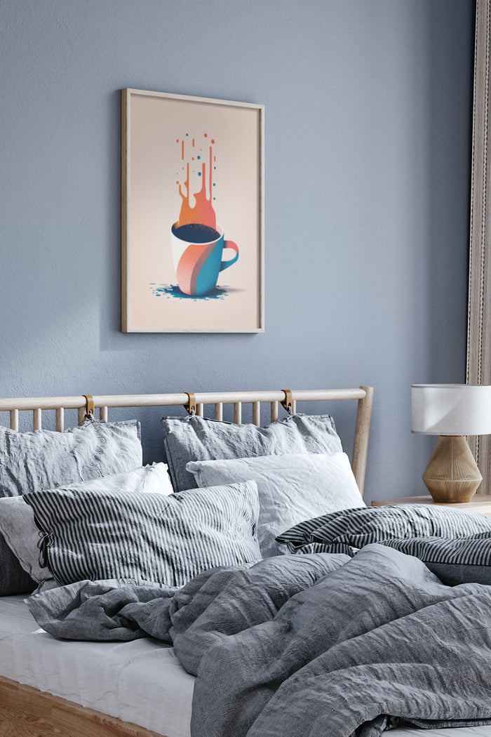 Abstract coffee cup with splashes poster in a cozy bedroom decor