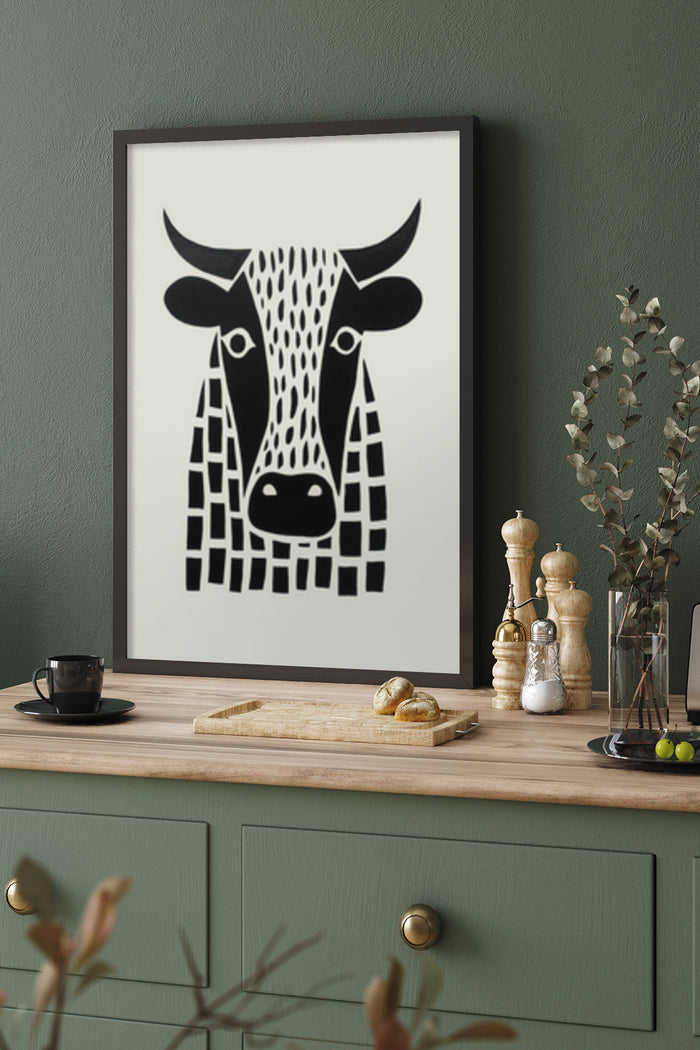A modern abstract black and white cow artwork poster displayed in a kitchen setting
