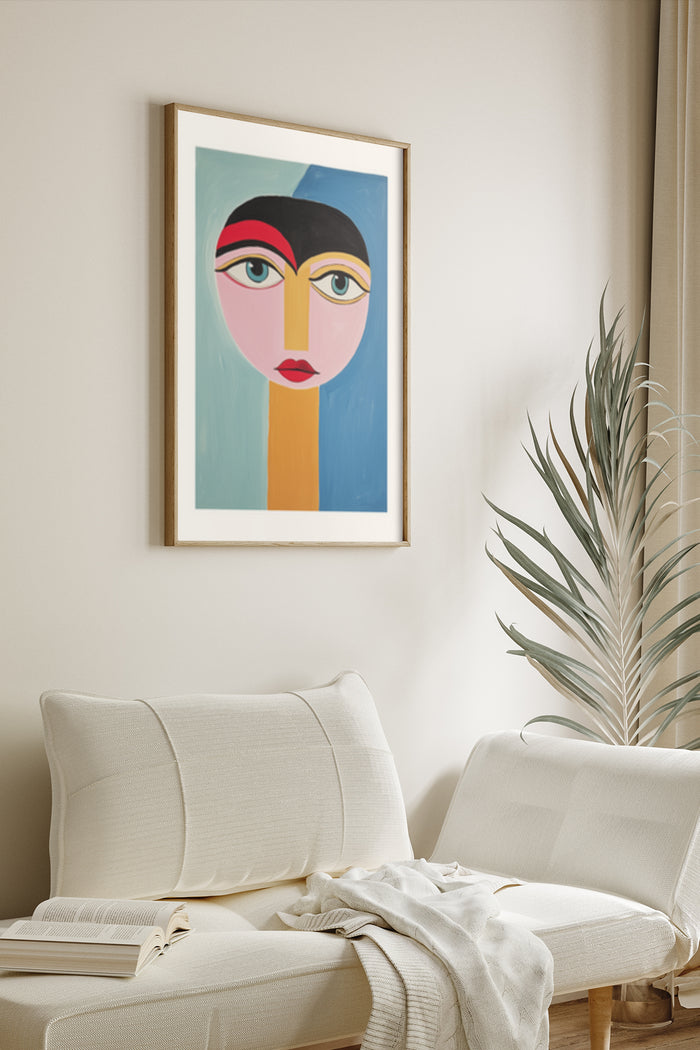 Abstract female face painting poster framed and mounted on wall in a contemporary living room interior