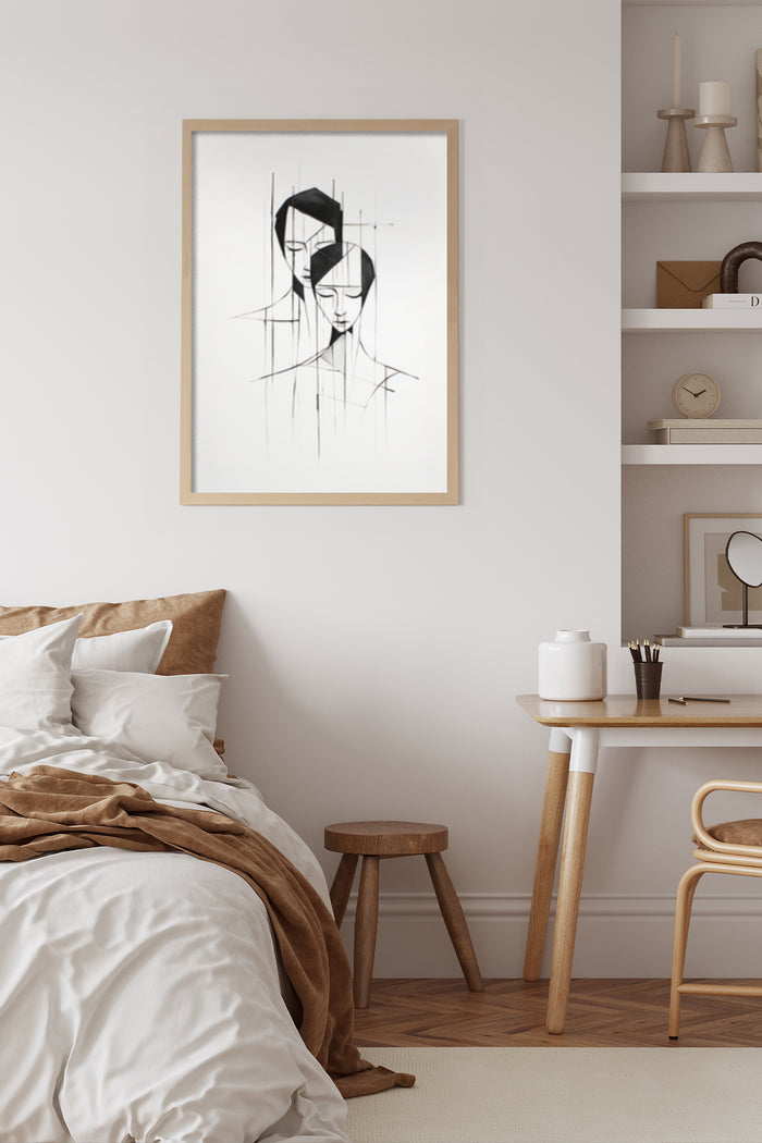 Modern abstract two faces line drawing art poster in a bedroom setting