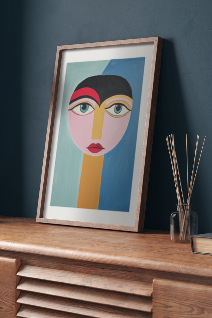 Modern Abstract Face Art Framed Poster Displayed in a Stylish Interior