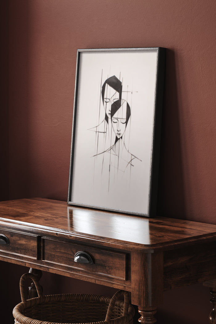 Modern abstract face line art framed poster on wooden console table
