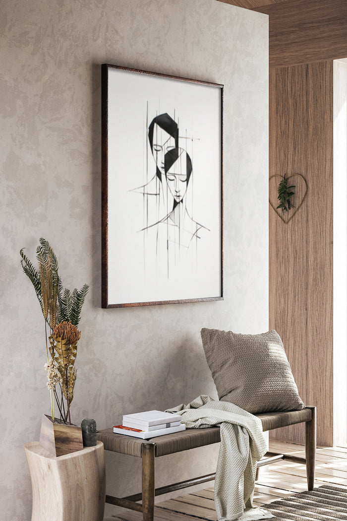 Modern Abstract Face Line Art Poster displayed in a stylish home interior with cozy decor