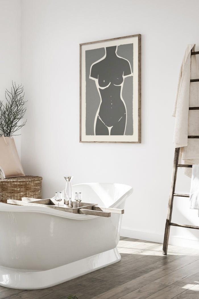 Abstract Female Silhouette Artwork Poster Hanging Above Bathtub in Modern Bathroom Decor