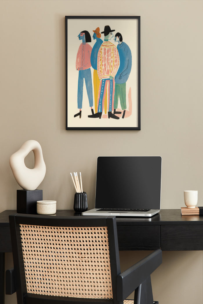 Modern Abstract Figurative Art Poster in a Stylish Home Office Setup