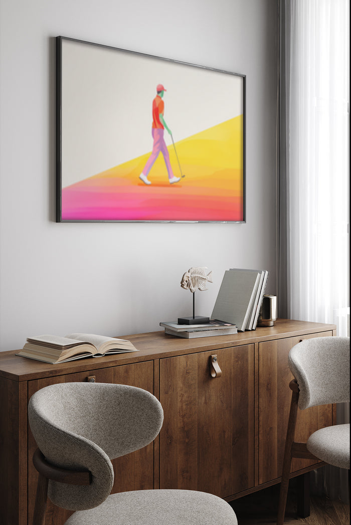 Modern abstract figurative poster with colorful gradient background displayed in a stylish room