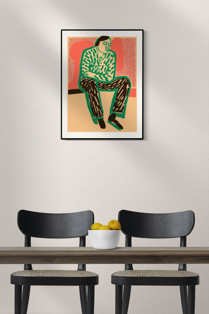 Contemporary abstract art poster featuring a stylized figure seated in thought, displayed in a modern home interior
