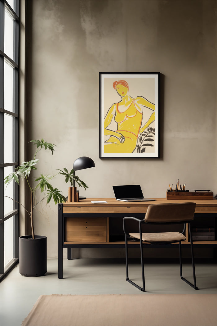 Stylish modern office with abstract figure artwork, minimalist desk setup, and indoor plants