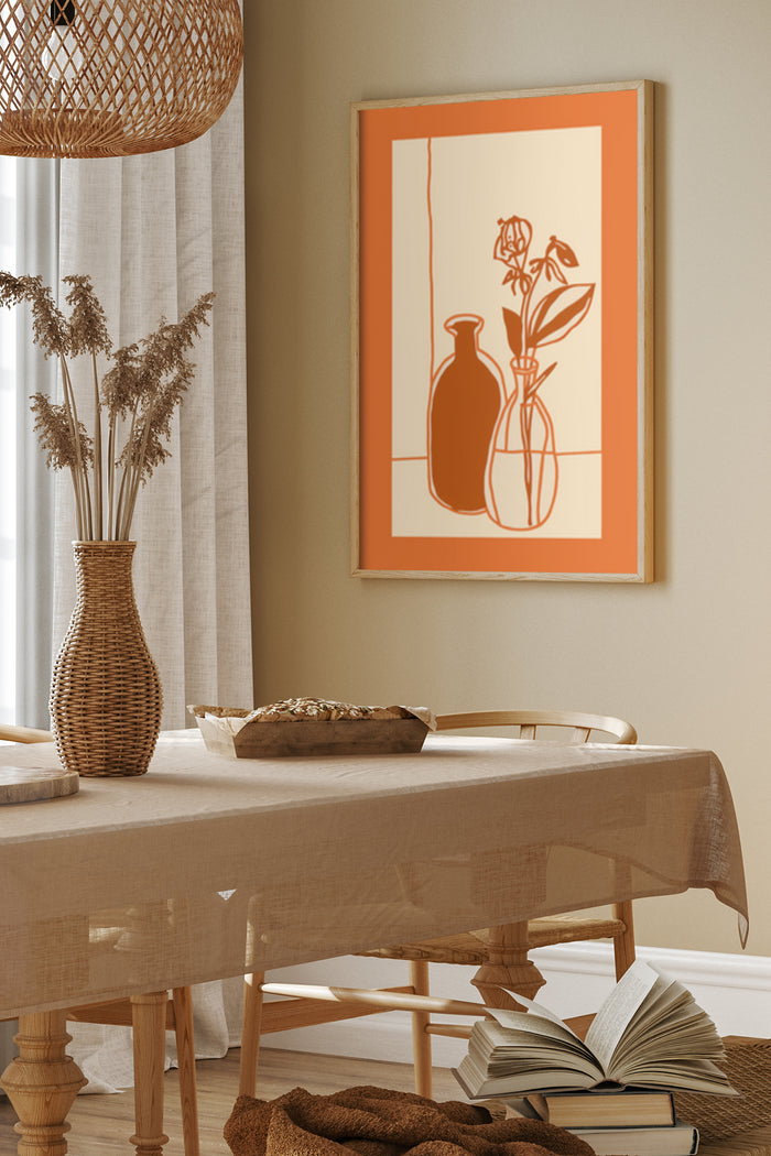 Contemporary orange and white abstract floral artwork poster displayed in a stylish dining room interior