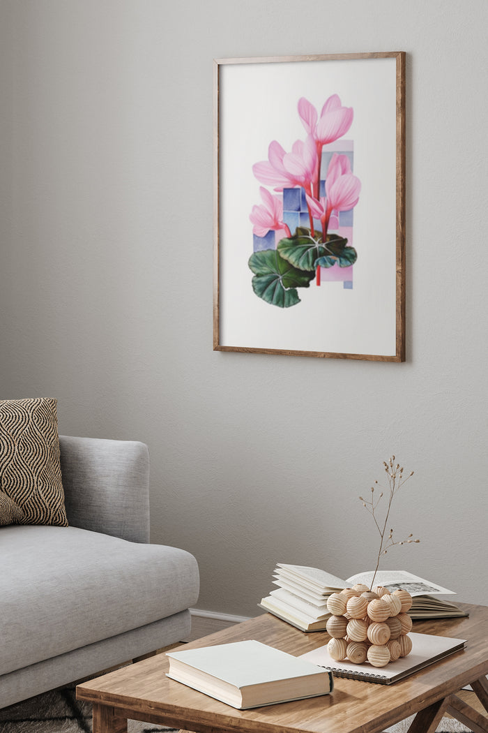 Contemporary abstract flower poster framed on wall above sofa in a modern living space