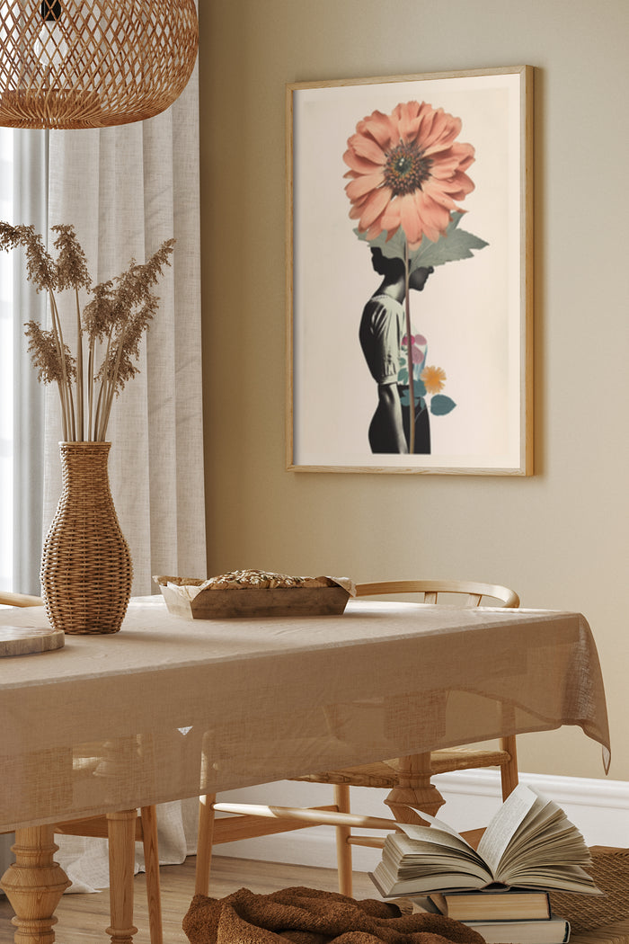 Modern abstract art of a silhouette with a flower head in a cozy dining room setting