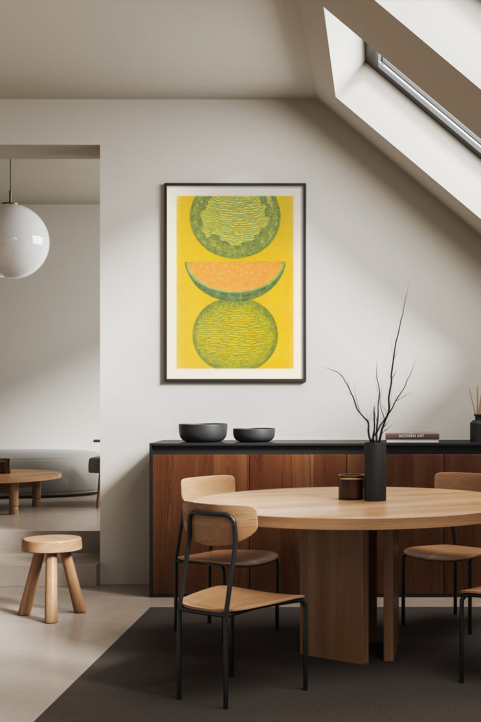 Modern abstract fruit poster in a contemporary dining room setting