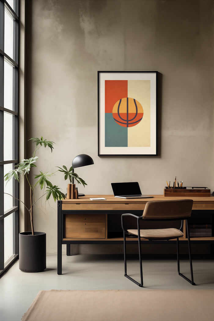 Modern abstract geometric art poster framed on a wall in a stylish home office with wooden desk and laptop