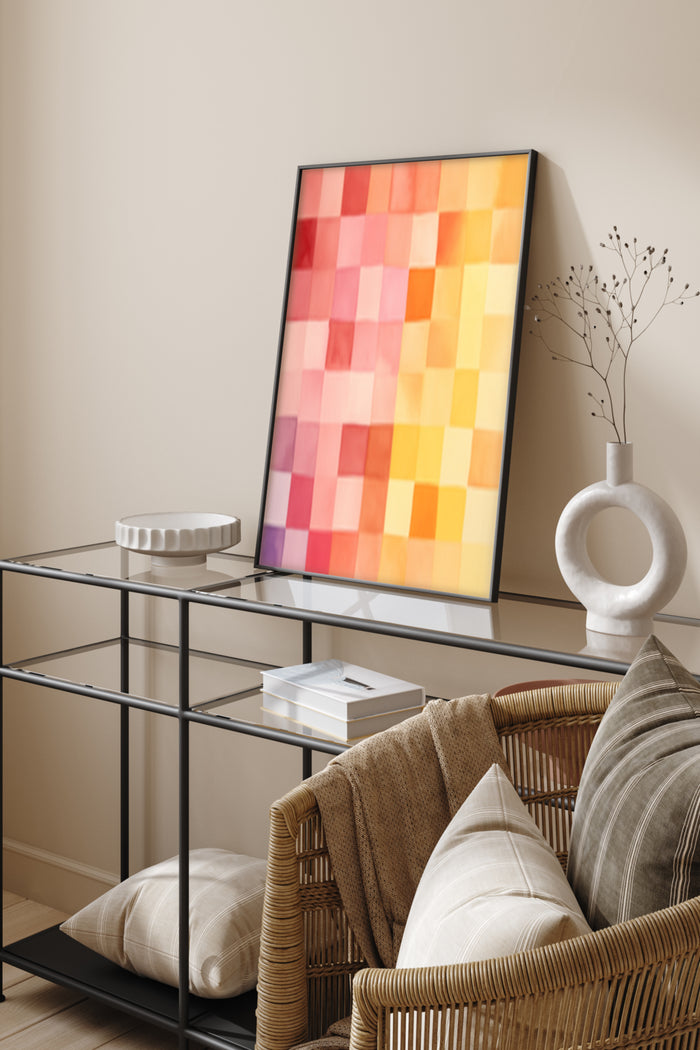 Colorful modern abstract geometric art poster displayed in a stylish home interior