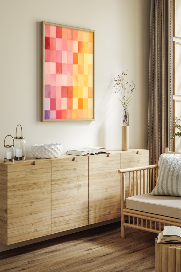 Colorful abstract geometric poster framed on a wall in a stylish living room setting with wooden furniture