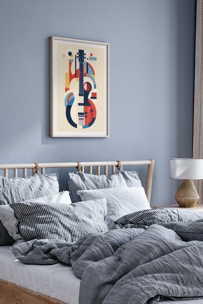 Modern abstract guitar poster in a contemporary bedroom setting as wall decor