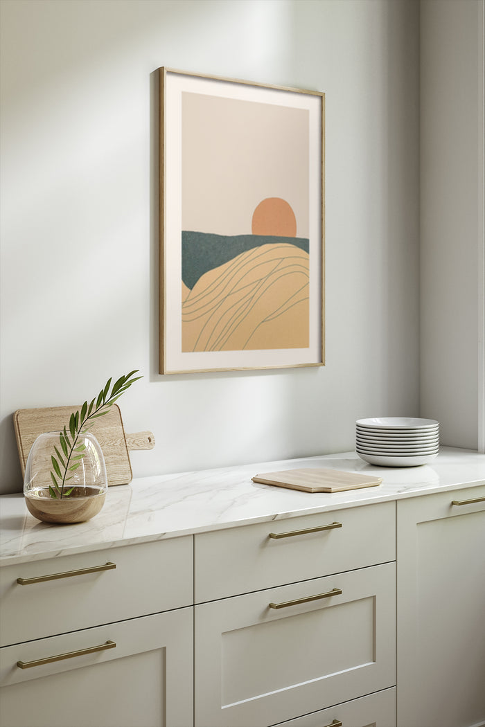 Stylish modern abstract poster featuring hills and sun design, displayed in a home interior above a kitchen counter