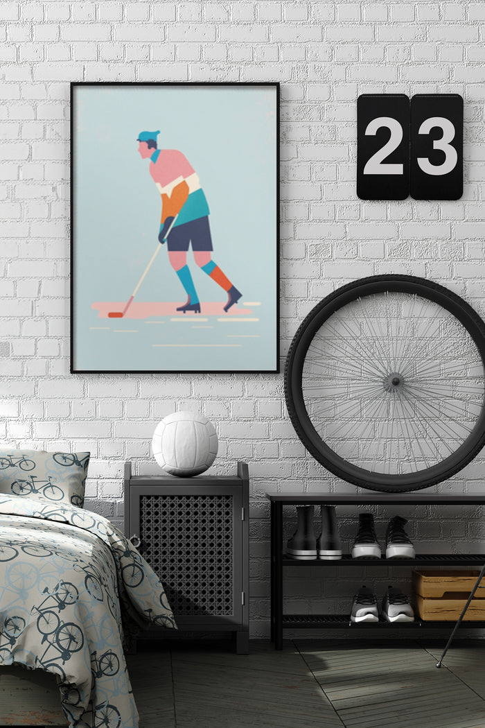 Abstract artwork of a hockey player in action displayed as poster on bedroom wall