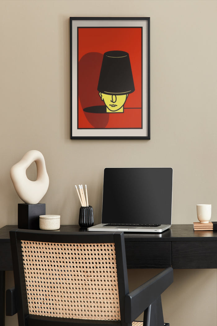 Modern abstract art poster of a figure with a lampshade head on office wall