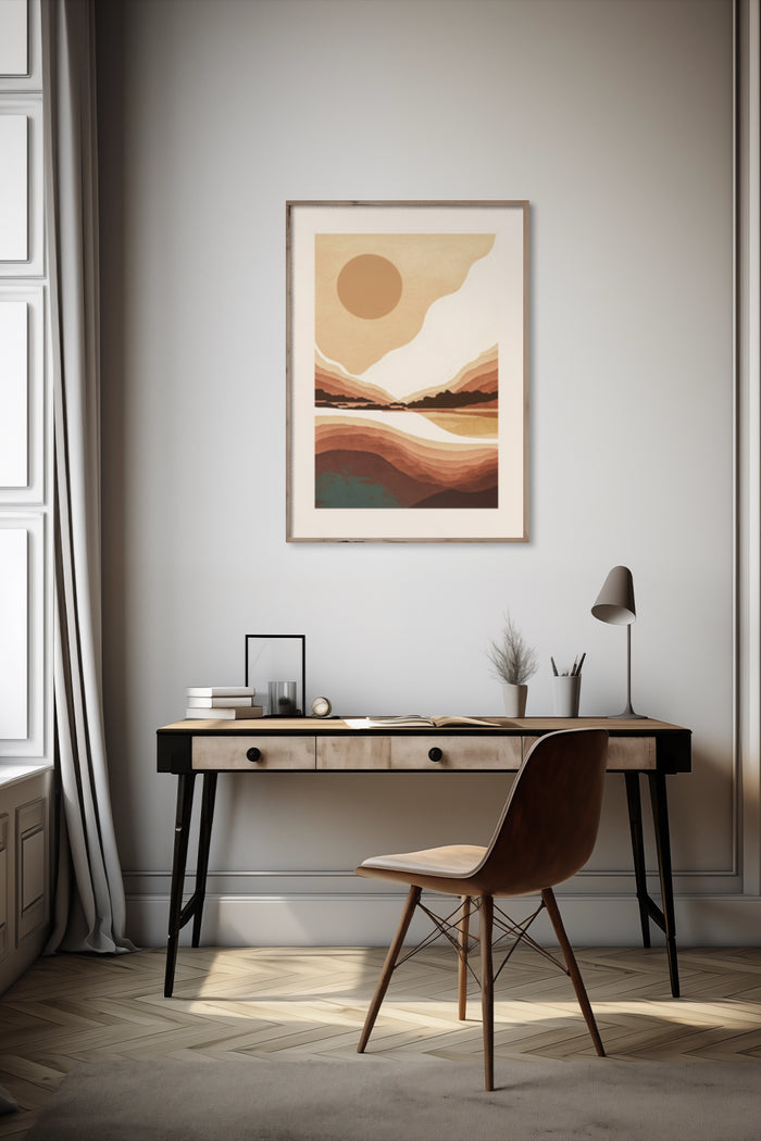 Modern abstract landscape poster with sun and hills for home office decor