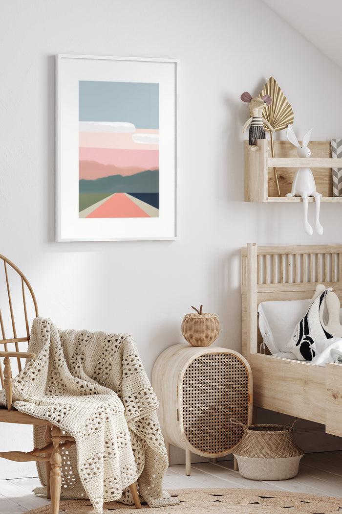 Scandinavian-style interior with modern abstract landscape poster art on wall