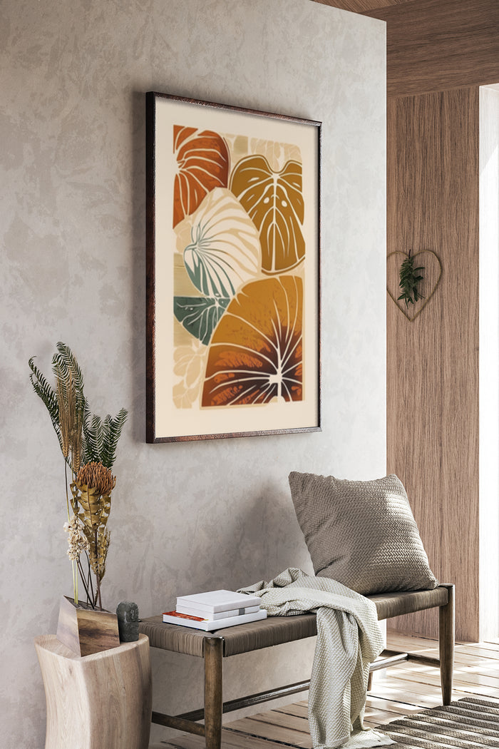 Stylish modern abstract leaf poster in earth tones for living room or office decor