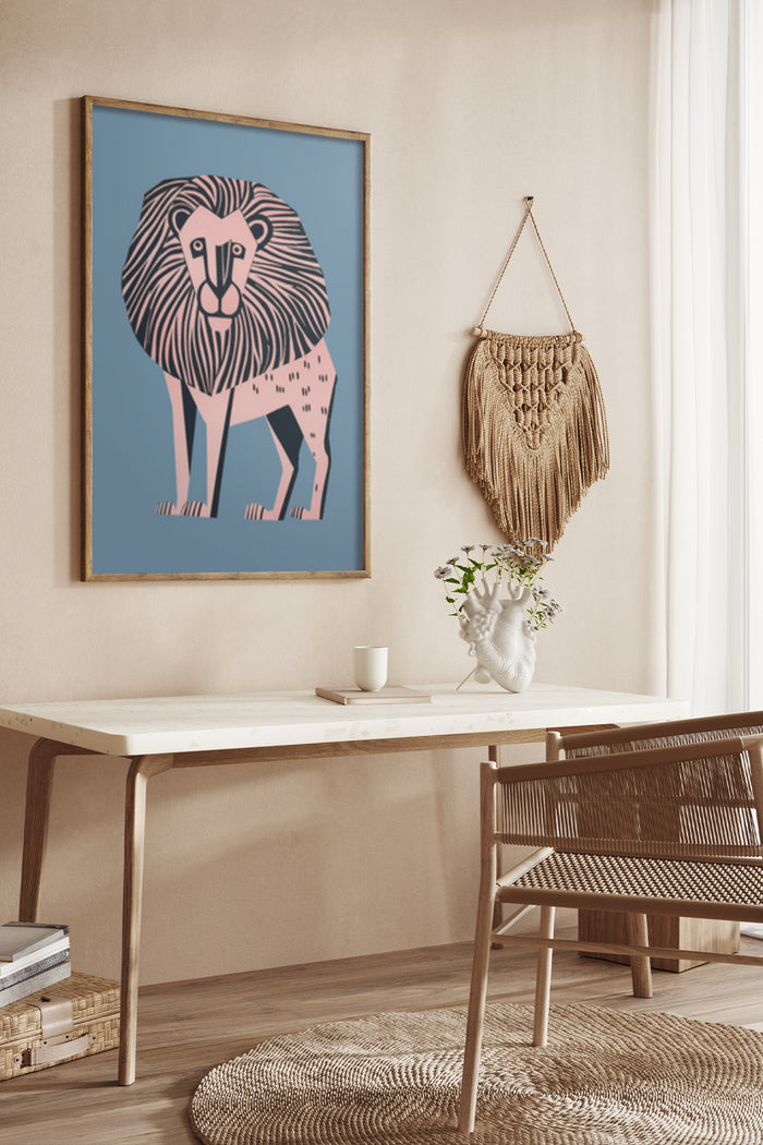 Modern abstract lion artwork poster on wall in stylish interior decor setting