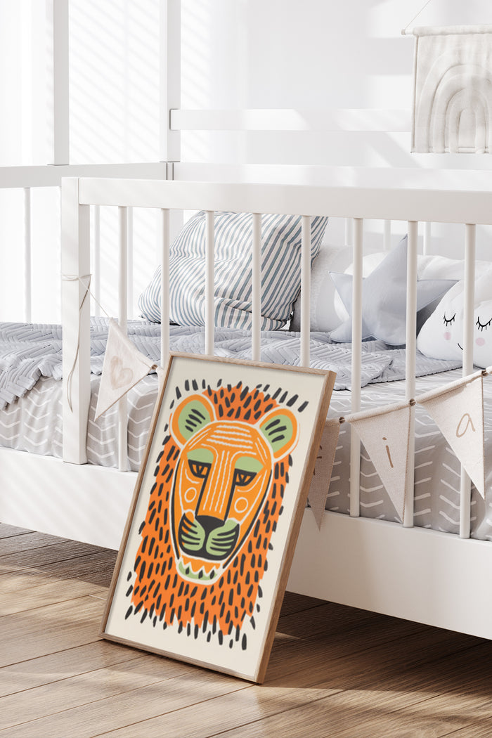 Stylish abstract lion artwork poster leaning against a crib in a contemporary nursery interior