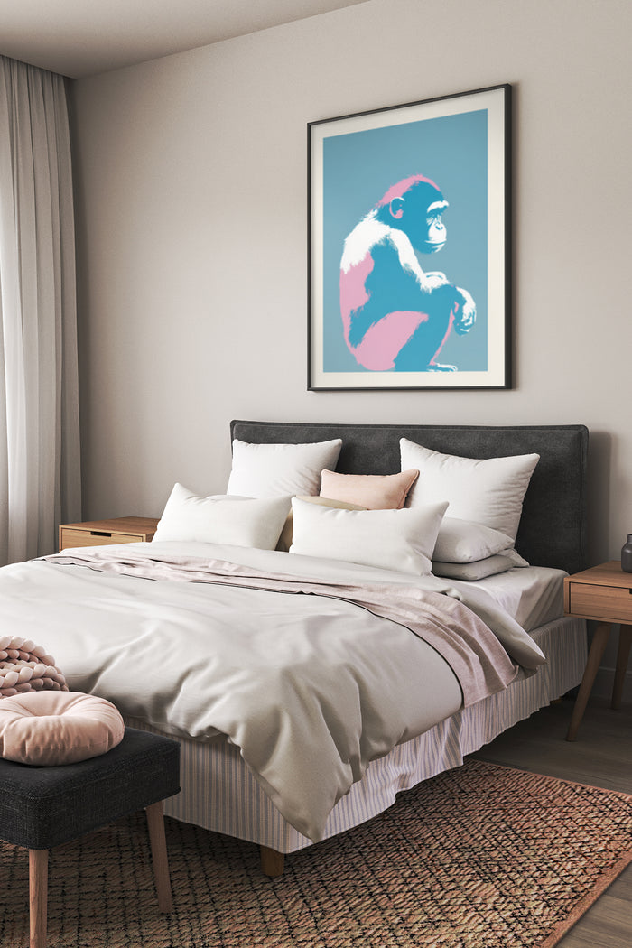 Stylish bedroom interior with modern abstract monkey artwork poster on the wall