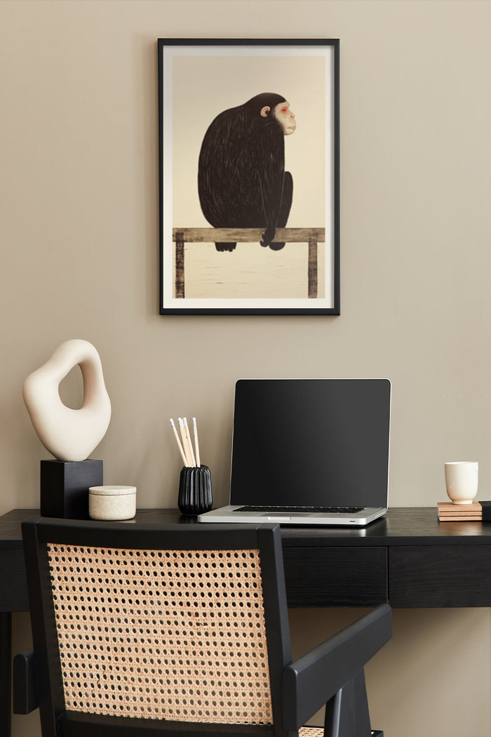 Modern abstract monkey artwork in poster frame on home office wall