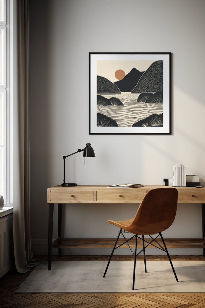 Stylish interior with modern abstract mountain art poster framed on the wall