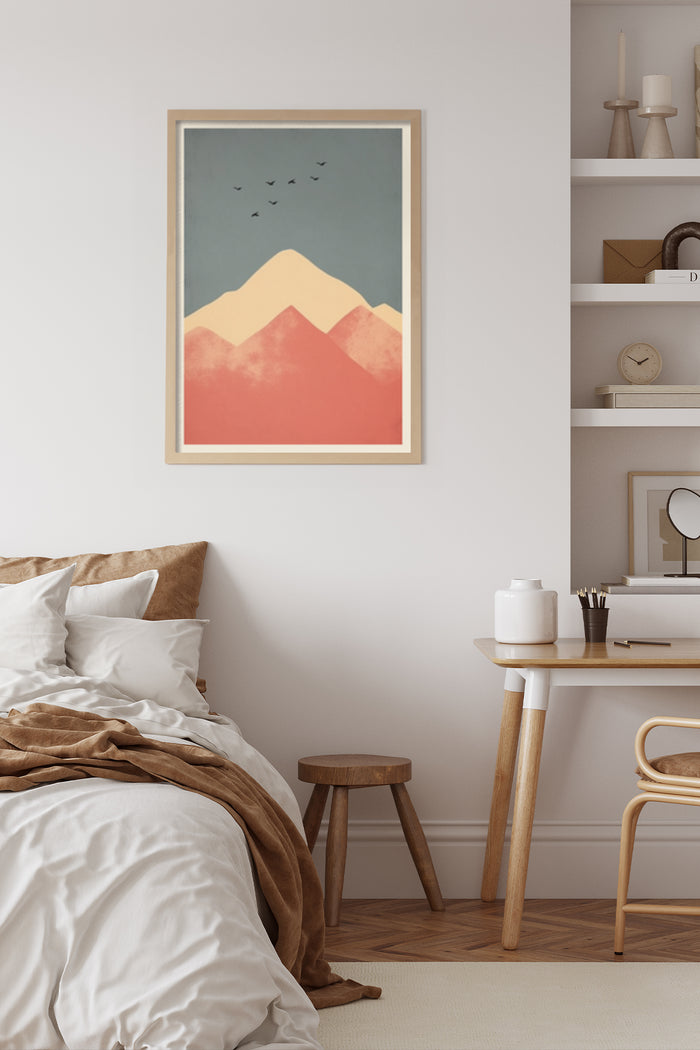 Abstract mountain landscape poster with birds and sun design in contemporary bedroom setting