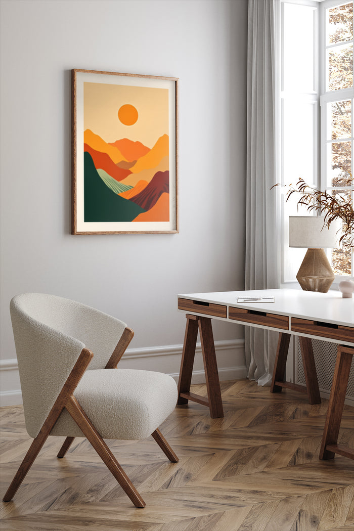 stylish-modern-abstract-mountain-landscape-artwork-poster-framed-wall-decor-in-a-contemporary-room-design