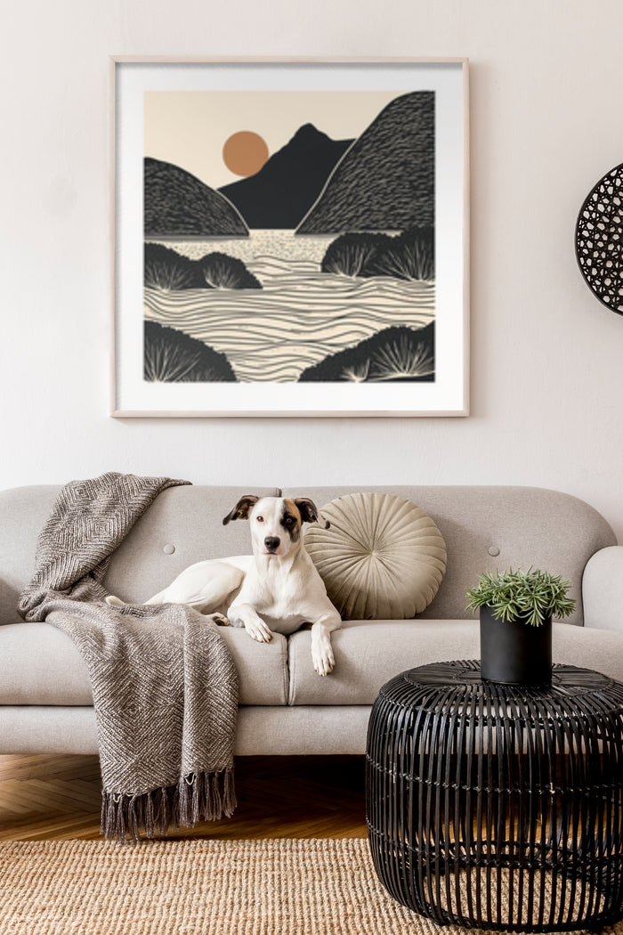 Stylish abstract mountain landscape poster displayed in a contemporary living room with a dog on the couch