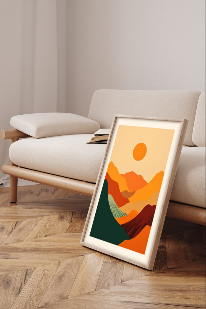 Modern abstract mountain landscape sunset poster in a living room setting