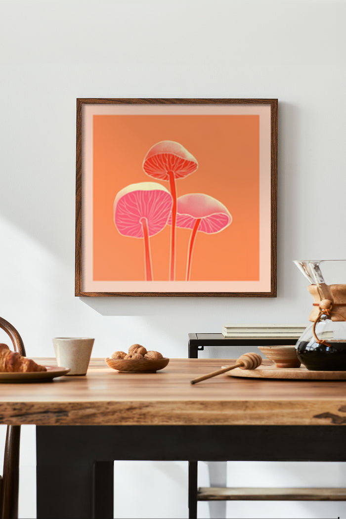 Framed modern abstract mushroom artwork on wall with stylish coffee and croissants on wooden table