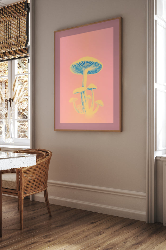 Contemporary abstract mushroom art poster in a stylish interior setting
