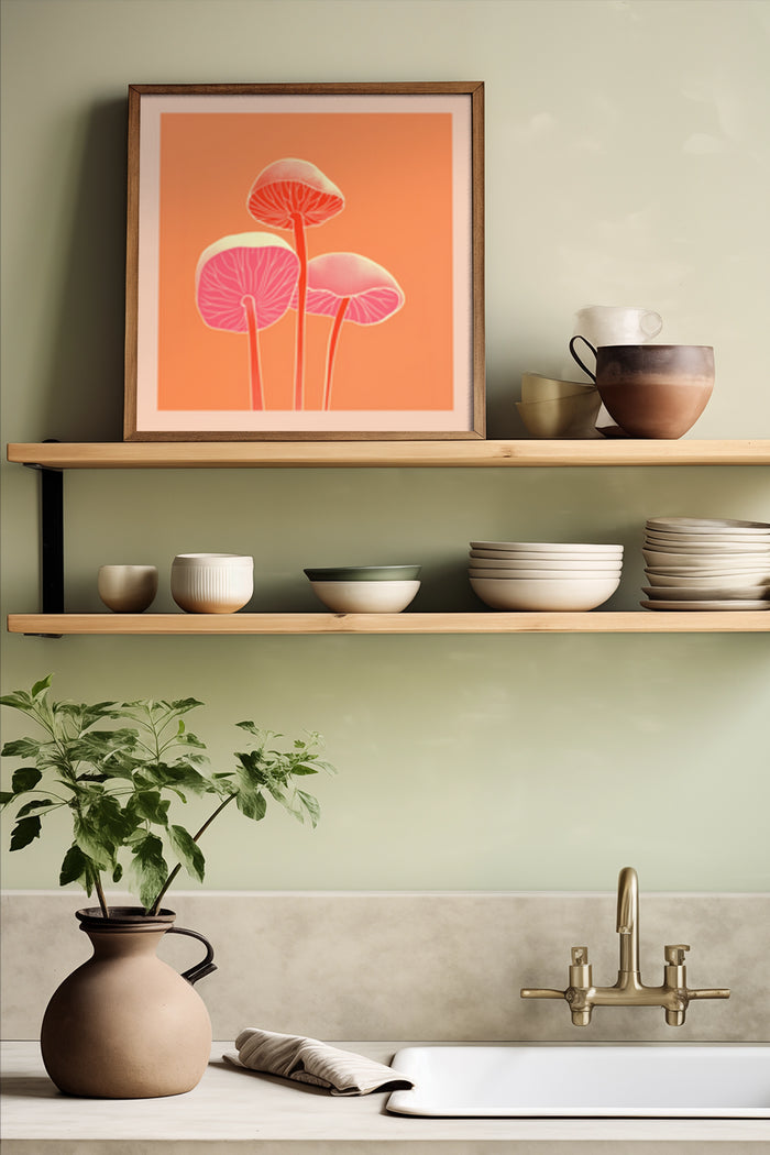 Contemporary kitchen with an abstract mushroom art poster, earth-toned crockery on wooden shelves, and a plant beside the sink