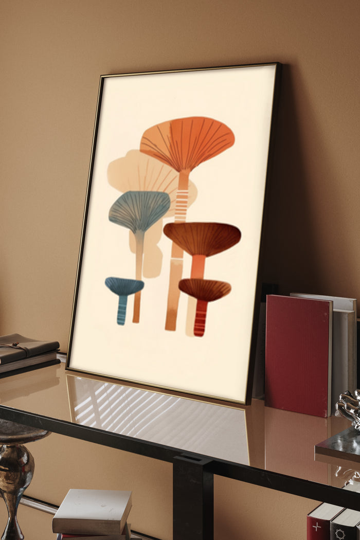 Modern abstract mushroom artwork framed poster on display