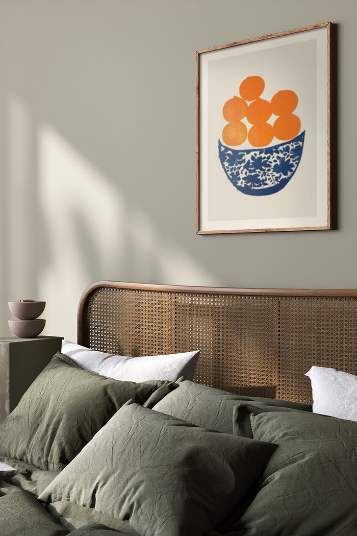 Modern Abstract Art Poster with Orange Circles in Blue Bowl Hanging in Bedroom