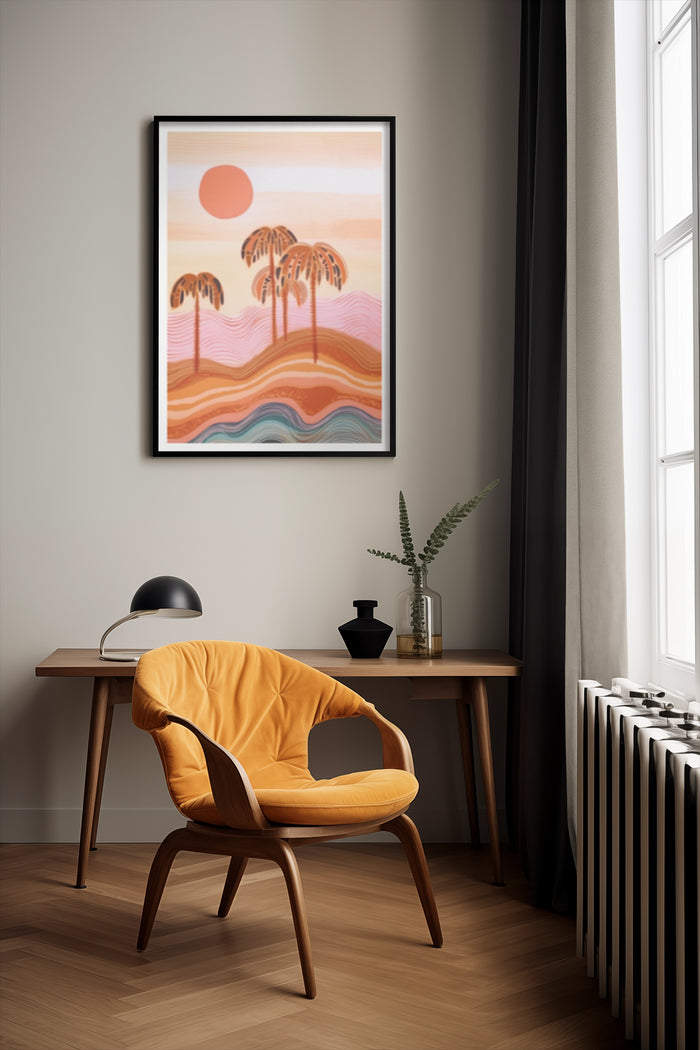 Modern abstract poster featuring palm trees and sun with wavy hills, displayed in minimalist interior setting
