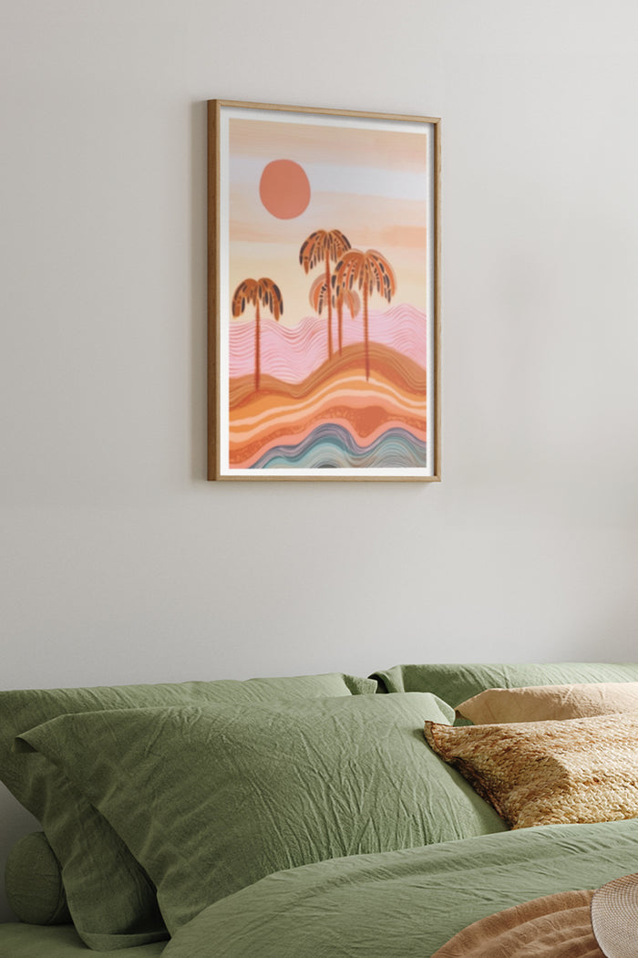 Modern abstract art poster with palm trees and sunset in bedroom decor
