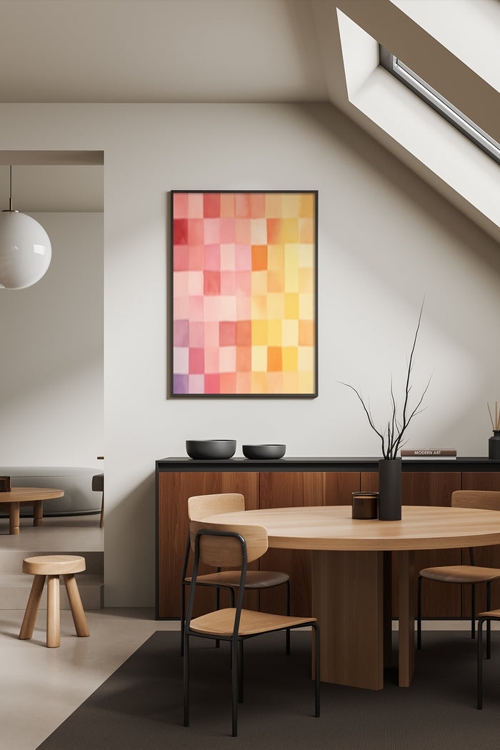 Colorful abstract pixel mosaic art poster framed on a wall in a contemporary dining room interior