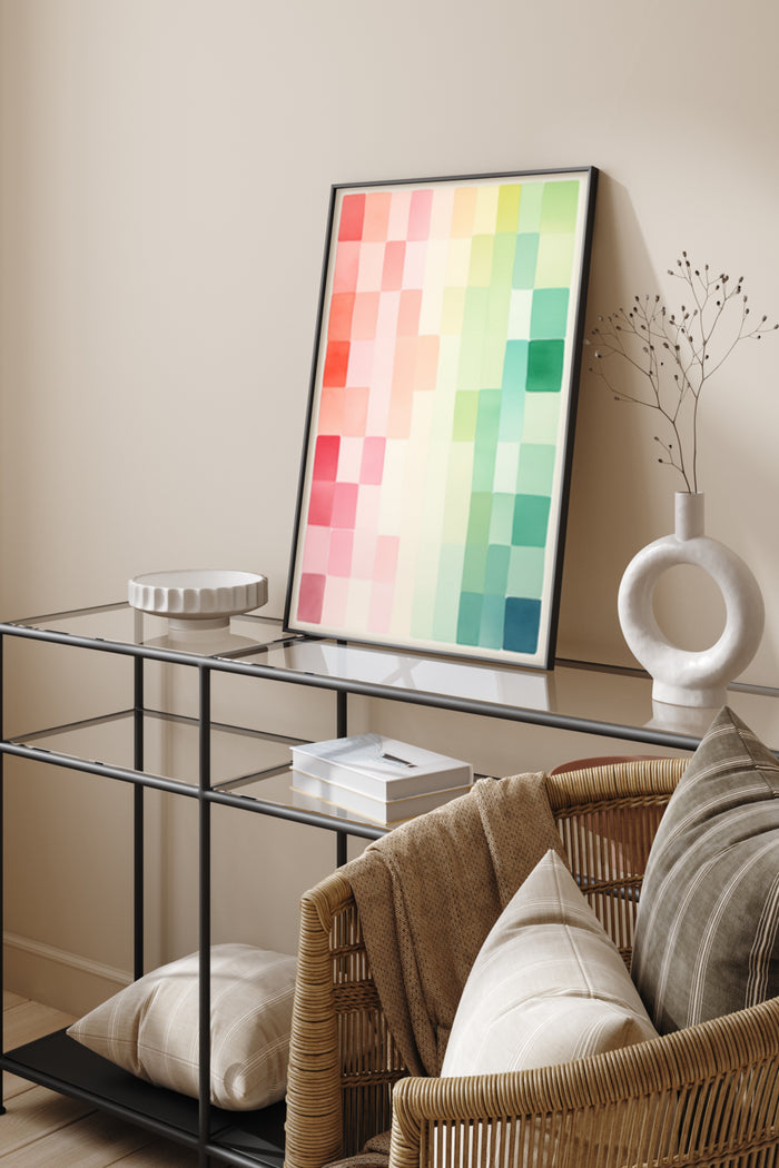 Colorful abstract pixelated art poster framed in a modern home interior