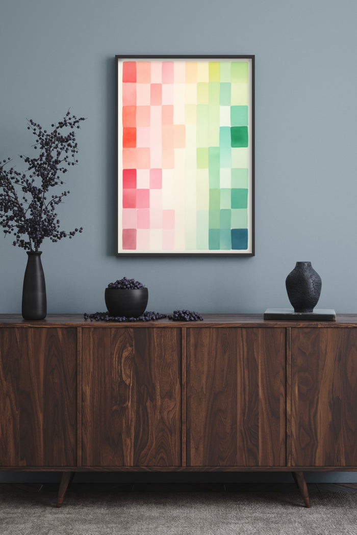 Modern abstract art poster with pixelated color gradient design in a chic interior setting