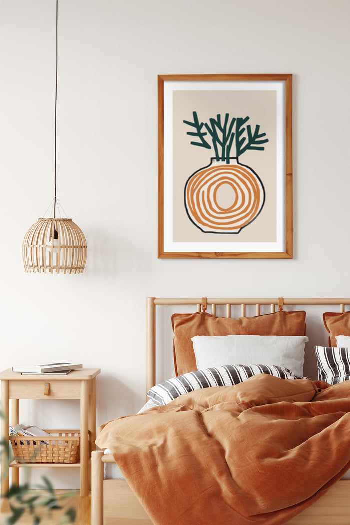 Contemporary abstract plant illustration in bedroom setting with earth tone bedding and minimalist decor